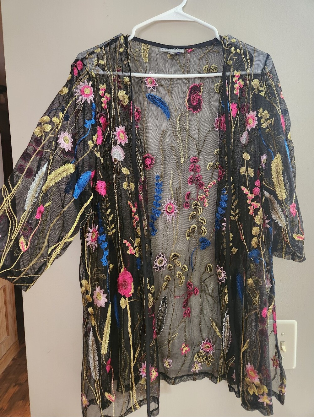 Women's Colorful Embroidered Mesh Open Front Duster Cardigan Sz XL Floral Layer